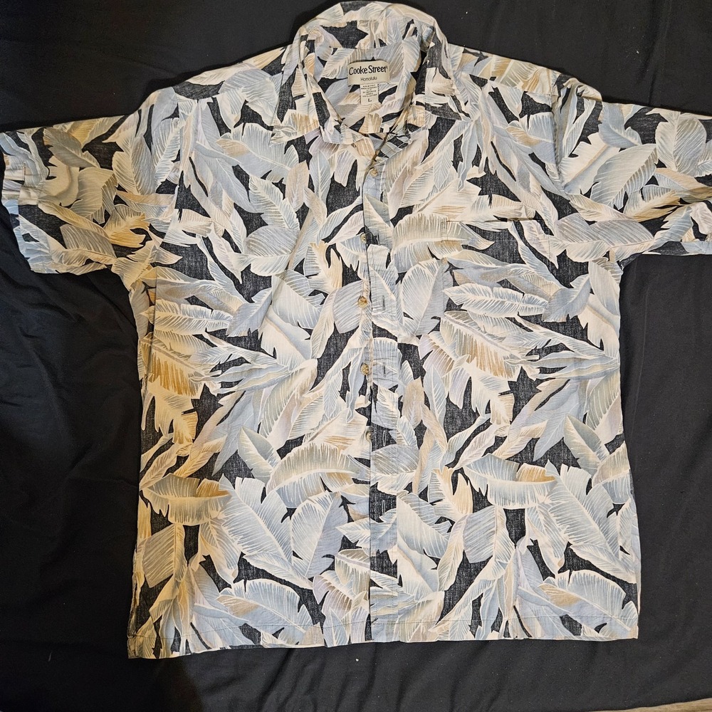 Cooke Street Shirt Mens Large Gray Leaves Hawaiian Button Up Short Sleeve USA